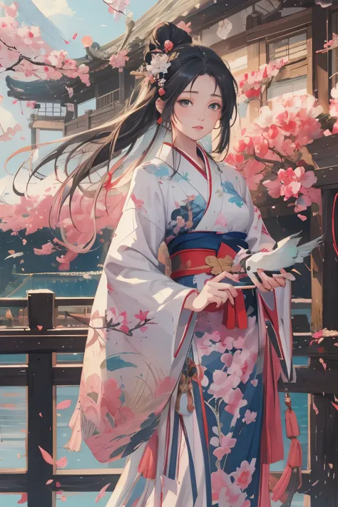 anime girl in a kimono dress with a fan and a bird, palace ， a girl in hanfu, by Yang J, a beautiful artwork illustration, beaut...