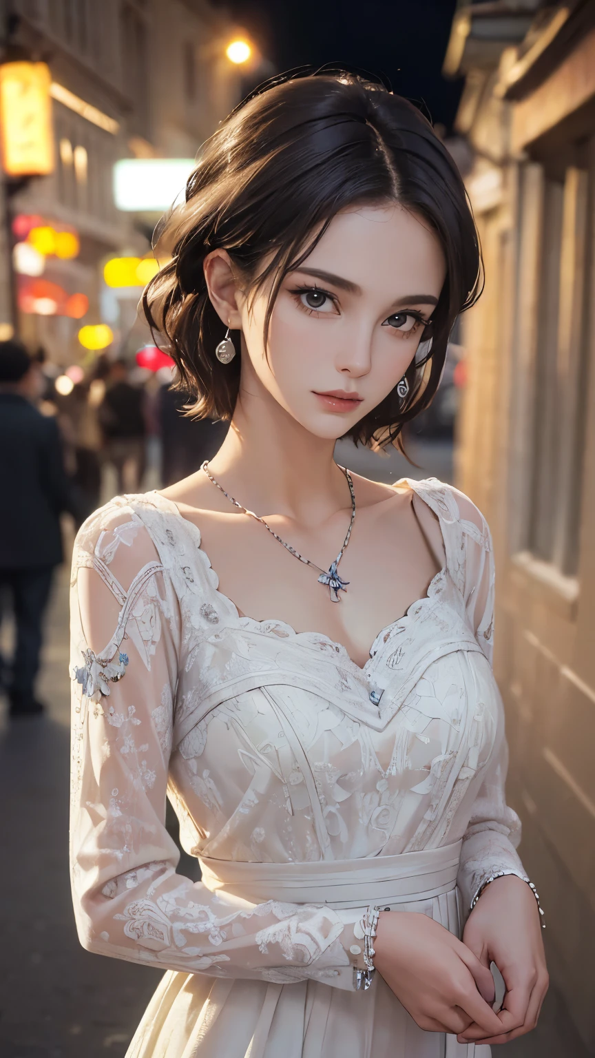(masterpiece, highest quality, The finest details, Realistic:1.5), beautiful european young woman, pretty girl, model, I am an idol, Delicate face, (chest), (The body is slim:1.2), Beautiful Eyes, No makeup, Straight Hair. Short Hair，Wearing a grey cocktail dress. Decorate your earrings, Colorful bracelets with pendants, Grin, Midnight Street View, At night. Sharp focus.