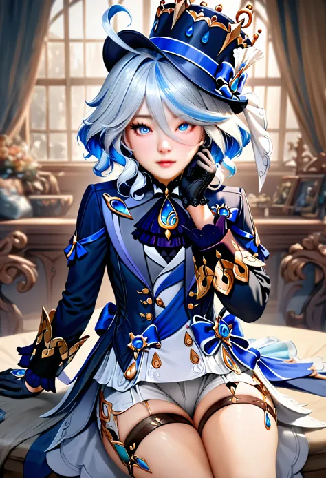 animetoreal,soft light,realistic, masterpiece, best quality,high quality,delicate face, 1girl,sitting, full body,
furina \(genshin impact\), heterochromia,hat,bule hair,blue eyes,ascot,brooch,long sleeves, jacket,blue bow,gloves,white shorts, thigh strap