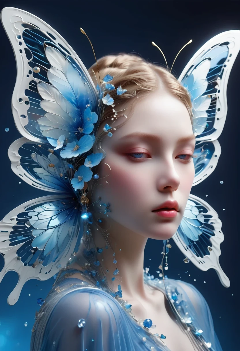 best quality,perfect masterpiece,Perfect work of art,Business,8k,Blue transparent butterfly，blue，Kaneko,Pearl hallucination,(The front is centered),(Centrosymmetric)，3S Materials,HD,Detailed performance,C4D,。.3D,Octane Rendering,Ray Tracing,Intricate details,Animated Lighting,Renderer,