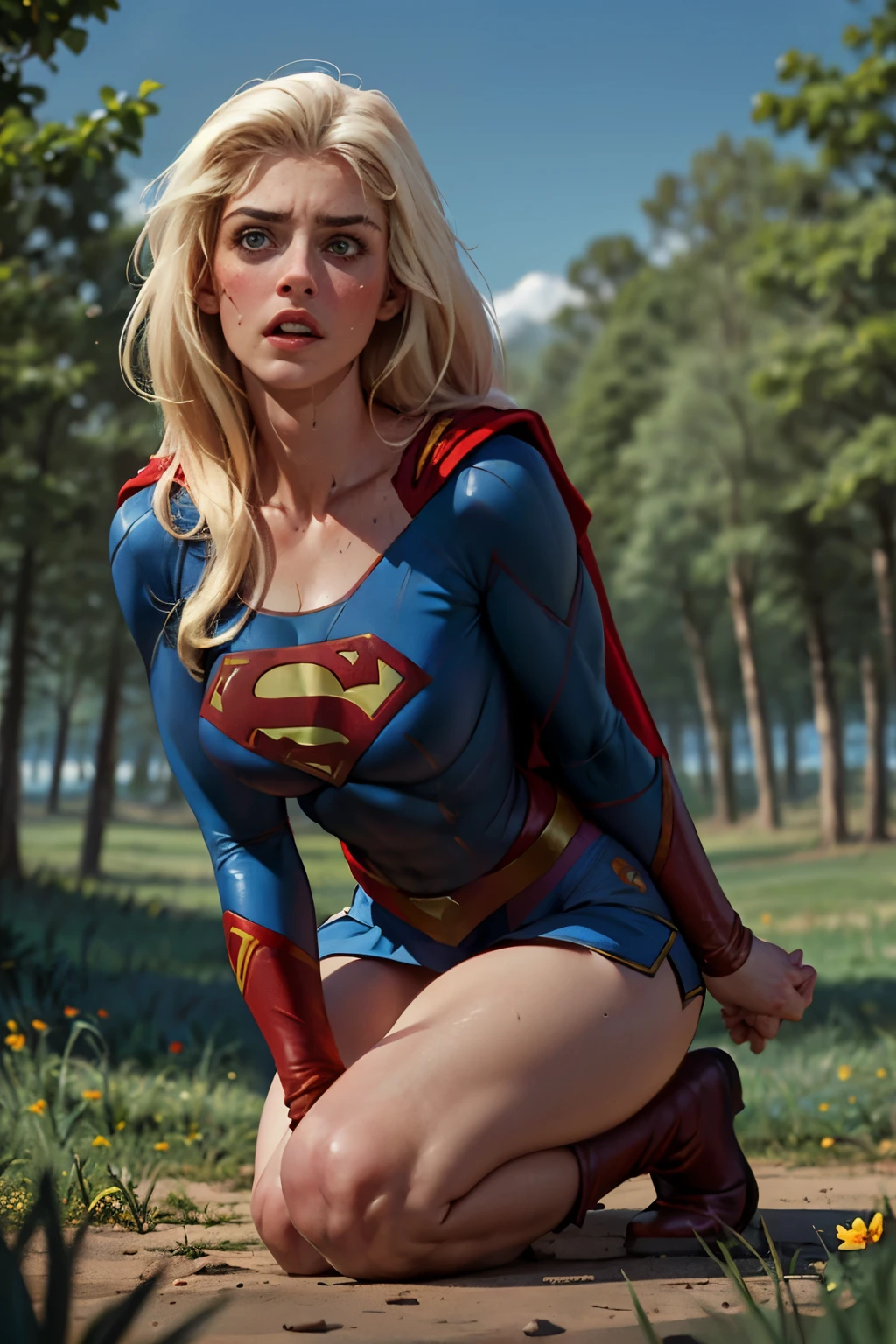 ((highest quality)), ((masterpiece)), (be familiar with), (High definition), (Realistic), (Realistic), (Best Shadow), Low contrast, (Complex:1.4), Side lighting, 8K, ((Helen Slator)), ((SUPER GIRL)), Perfect Face、Detailed、(Accurate hand and finger depiction)、Supergirl Women、Blonde、Voluptuous body、(Large Breasts:1.1)、Narrow waist、Big Ass、Alluring、glamorous、(Kneeling)、woman on top, Mouth open、Anguished expression、(orgasm:1.0)、Flushing、(sweating)、On the grass、in the deep forest、wood々Surrounded by、blue sky、Front low angle