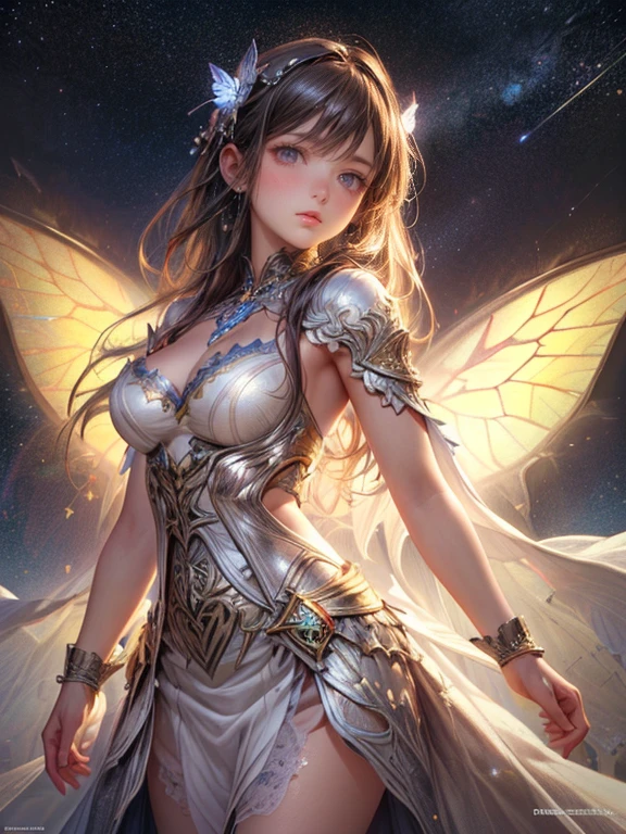 (masterpiece:1.2. 8k, best quality,highres, ultra-detailed, photorealistic:1.37),cute girl, sparkling eyes, shining lips, white dress, rainbow butterfly wings,standing in the snow,starry sky(milkyway), cute girl in a beautiful dress, beautiful fantasy, fantasy artwork, charming girl, highres art, beautiful art, 2.5D CGI fantasy artwork, extremely detailed art gem, dynamic posing:1.2, 