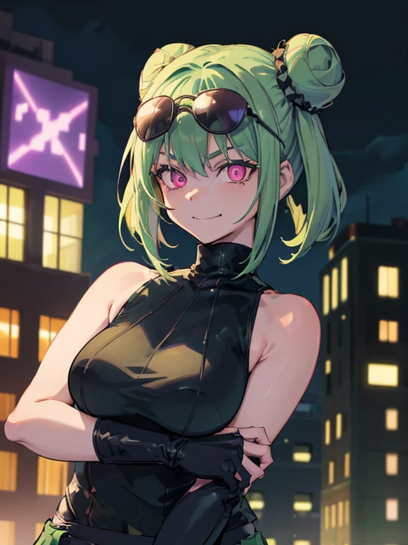 (highres), (detailed), close-up,1 girl, alone, medium hair, pastel green hair, twin buns, evil smile, glowing eyes, violet eyes, round black sunglasses on head, black sleeveless turtleneck top, green shorts, dark brown boots, night, dark, buildings background