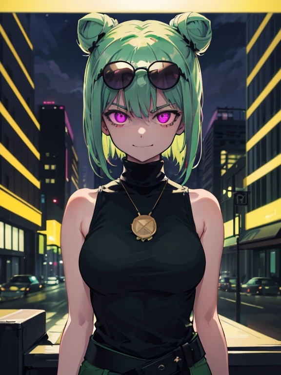 (highres), (detailed), close-up,1 girl, alone, medium hair, pastel green hair, twin buns, evil smile, glowing eyes, violet eyes, round black sunglasses on head, black sleeveless turtleneck top, green shorts, dark brown boots, night, dark, buildings background