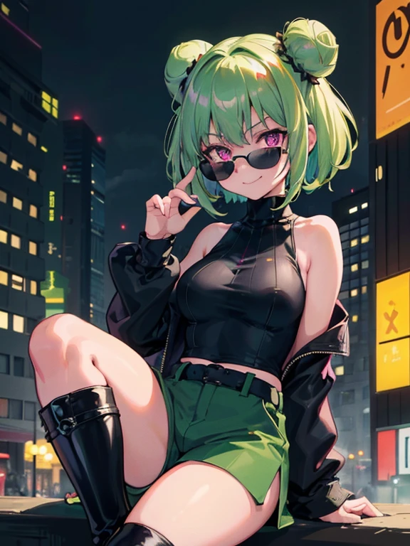 (highres), (detailed), close-up,1 girl, alone, medium hair, pastel green hair, twin buns, evil smile, glowing eyes, violet eyes, round black sunglasses on head, black sleeveless turtleneck top, green shorts, dark brown boots, night, dark, buildings background