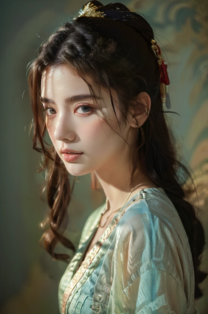 ( masterpiece, top quality, best quality,8k,17 years old girl,ultra detailed,raw photo:1.5),(photorealistic:1.4),(cinematic lighting), PerfectNwsjMajic, , Surrealism, UHD, ccurate, Super detail, textured skin, High detail, Best quality, dynamic angle, (high nose,White skin),[Beautiful blue eyes],(1girl),(good anatomy:0.5)), dunhuang_style, Dreamy atmosphere,expressive brush strokes, mystical ambiance, Artistic interpretation, a whimsical illustration, Subtle colors and tones, straight face