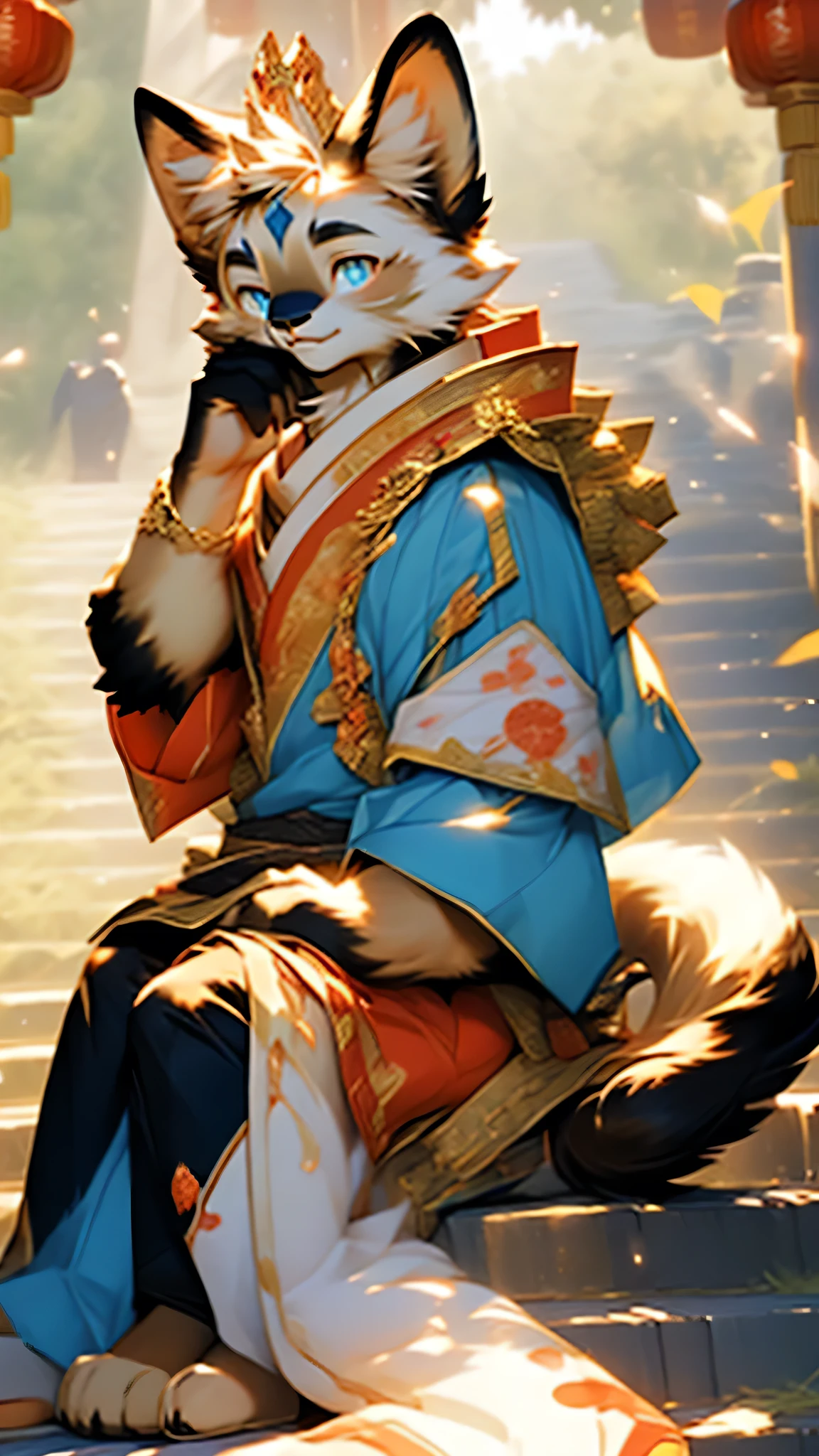 furry，Fu Rui，Chinese imperial palace background，Chinese painting style，Siamese cat，White body hair，Brown gradient on face，Front view close up of cartoon character sitting on the throne，Epic feeling，Proud expression，Hold your hand on your cheek，Main color: gold and white，Light blue clothing，crown，Silver Eyes，Head to Body Ratio1:7