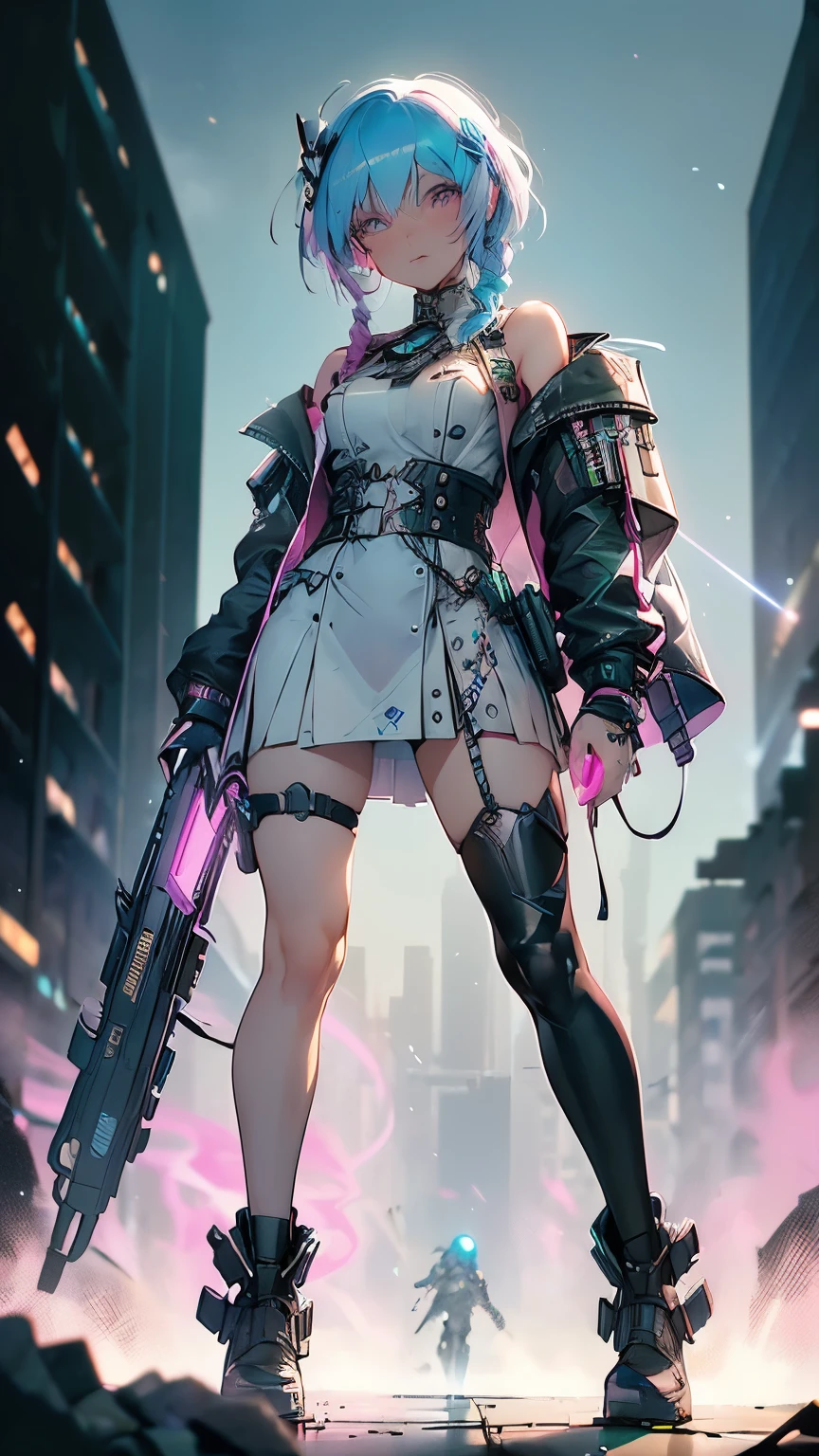 best quality, super fine, 16k, incredibly absurdres, extremely detailed, cute female warrior, excited look, white messy short braided hair, superlative body proportion, wearing pink line with steampunk and dieselpunk neon color light gear wear, cyberpunk night city whose basic colors are green and blue