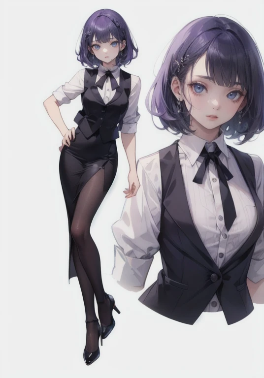 ((Perfect Face)),Purple Hair,Shortcuts,Adult female,bartender,((Harness)),Black vest,((Shirt with rolled up sleeves)),tie,((slit)),High heels,,((Simple Background)),smile,((whole body)),((full body)),Character portrait,upright,,Both arms are lowered,upright,