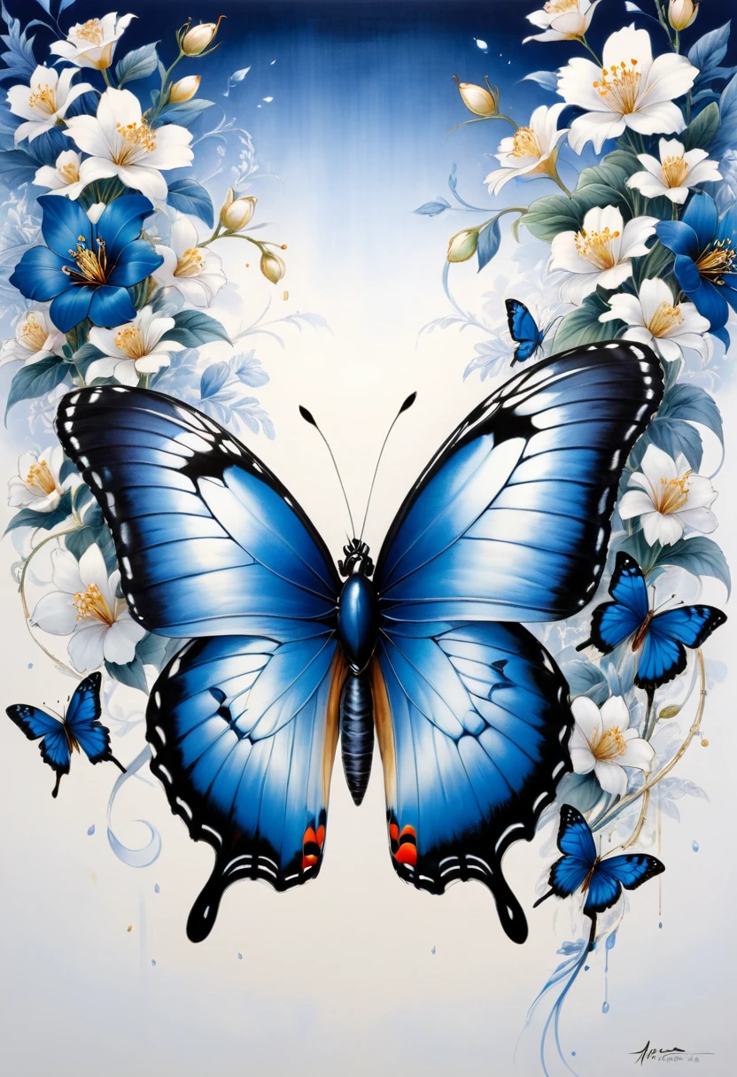 blue butterfly, (masterpiece, best quality, Professional, perfect composition, very aesthetic, absurdres, ultra-detailed, intricate details:1.3), by Yoshitomo Nara