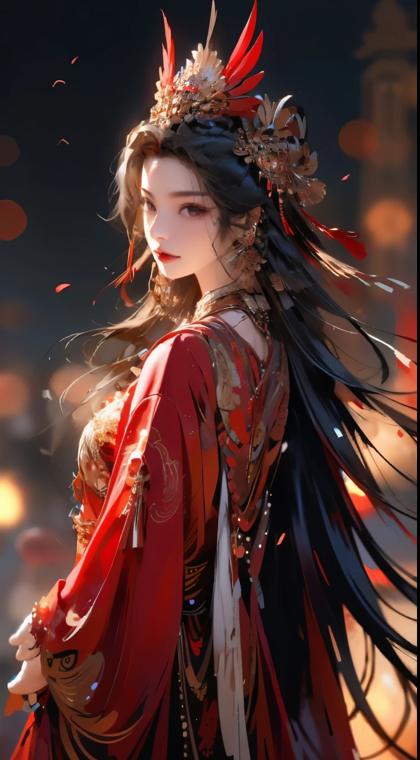 1 Girl,jewelry,earrings,Solitary,Long hair,Hair accessories,look back,Looking at the audience,red skirt,Black Hair,Upper Body,Shut up,Fuzzy,skirt,tassel,Brown hair,feather,From the back,Chinese clothes,tassel earrings,whole body,