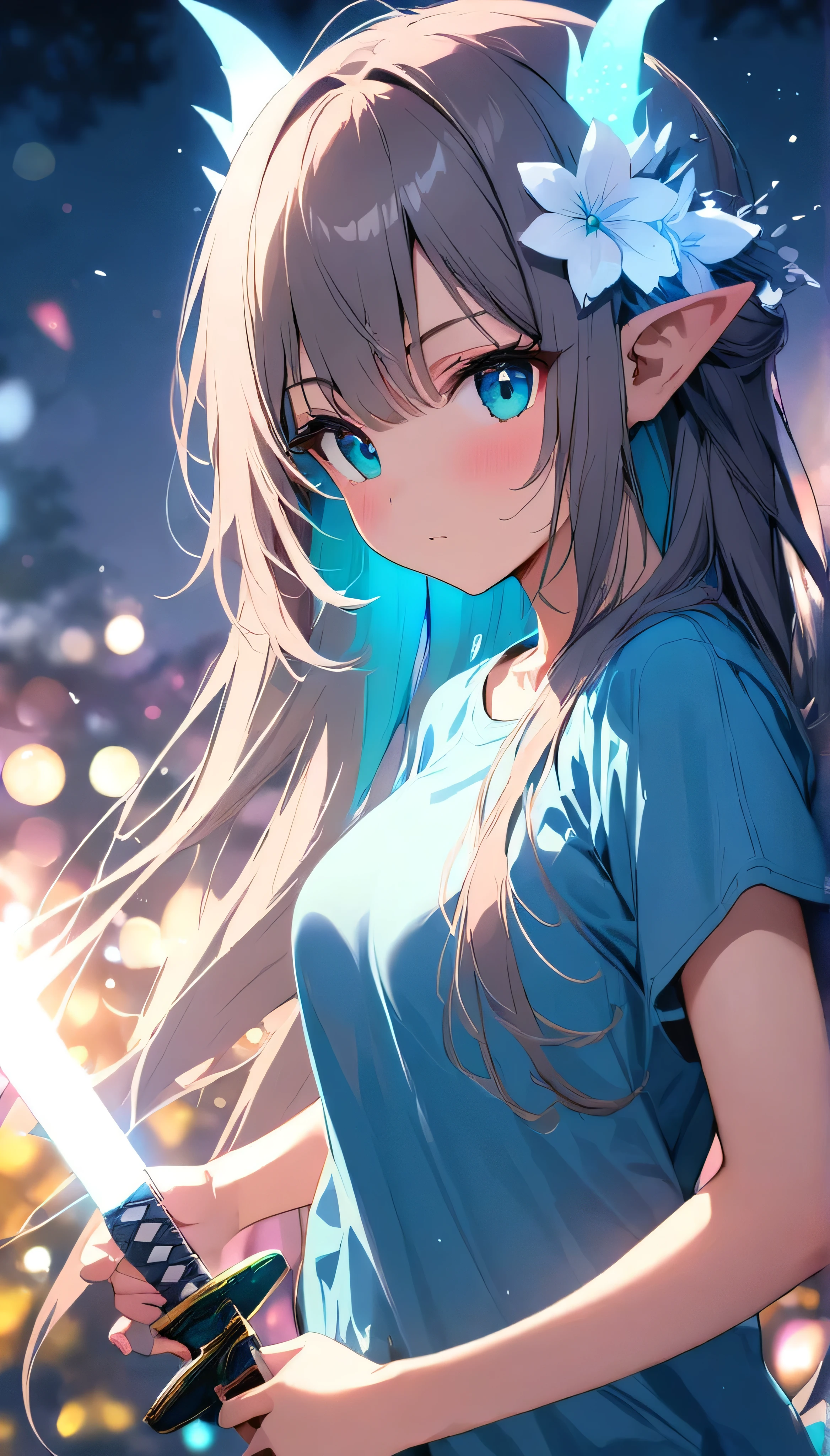 Resolution full, best quality, masterpiece, full HD, bokeh, particle bokeh, depth of field,  beautifull girl, super detailed, 1girl, cute girl, long hair, dark grey  hair, cyan inner hair, white flower hair ornament, dragon horns, beautiful cyan eyes, medium  breast, blue T - shirt oversized, holding glowing katana, at ancient chinese