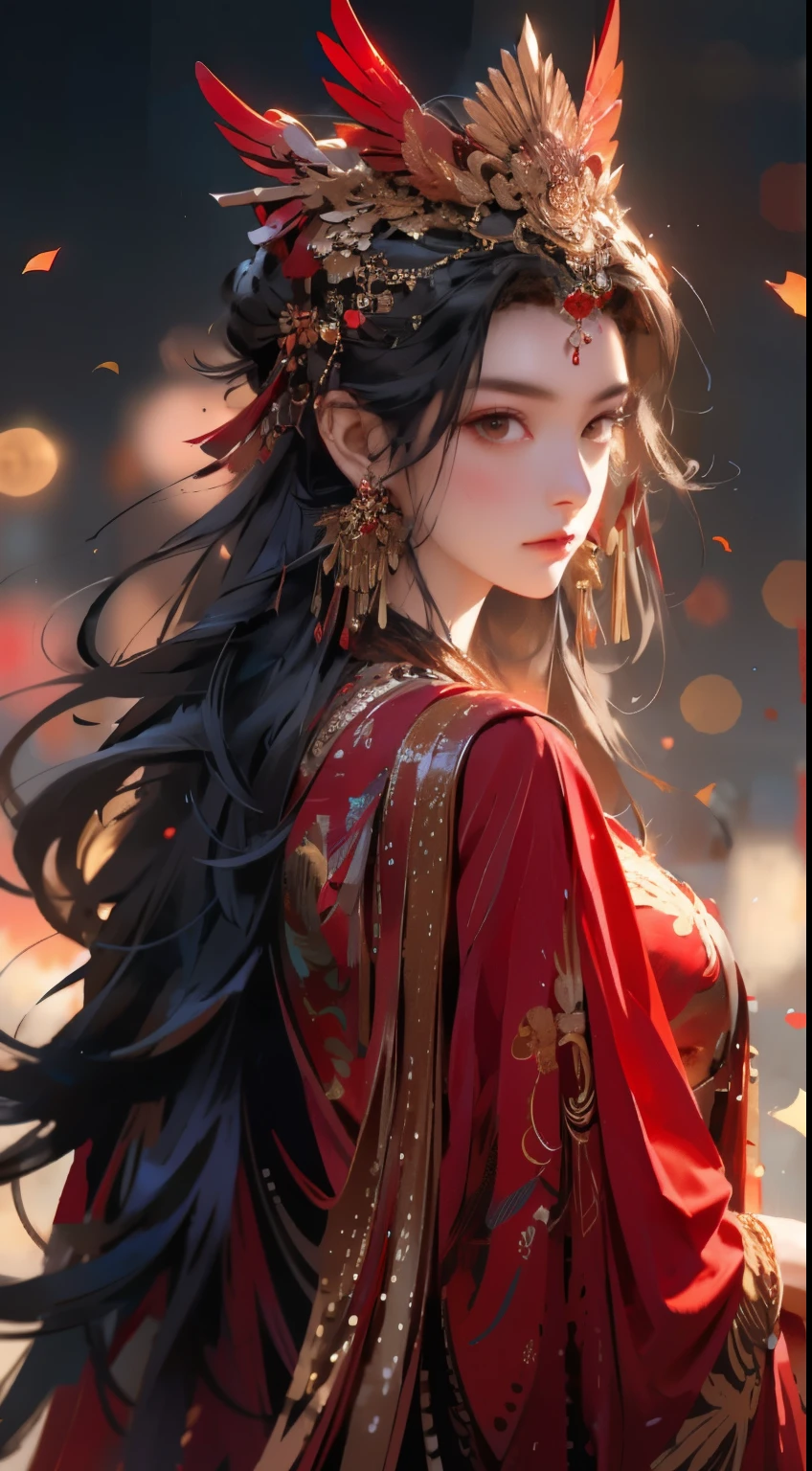 1 Girl,jewelry,earrings,Solitary,Long hair,Hair accessories,look back,Looking at the audience,red skirt,Black Hair,Upper Body,Shut up,Fuzzy,skirt,tassel,brown hair,feather,From the back,Chinese clothes,tassel earrings,disgust,frown,wrinkled_brow,