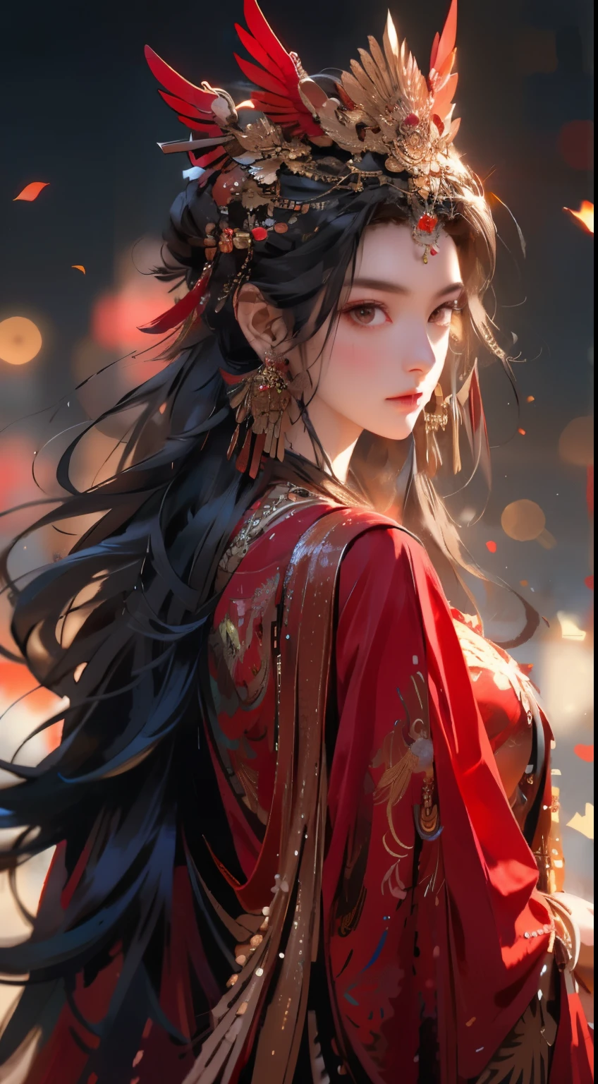 1 Girl,jewelry,earrings,Solitary,Long hair,Hair accessories,look back,Looking at the audience,red skirt,Black Hair,Upper Body,Shut up,Fuzzy,skirt,tassel,brown hair,feather,From the back,Chinese clothes,tassel earrings,disgust,frown,wrinkled_brow,