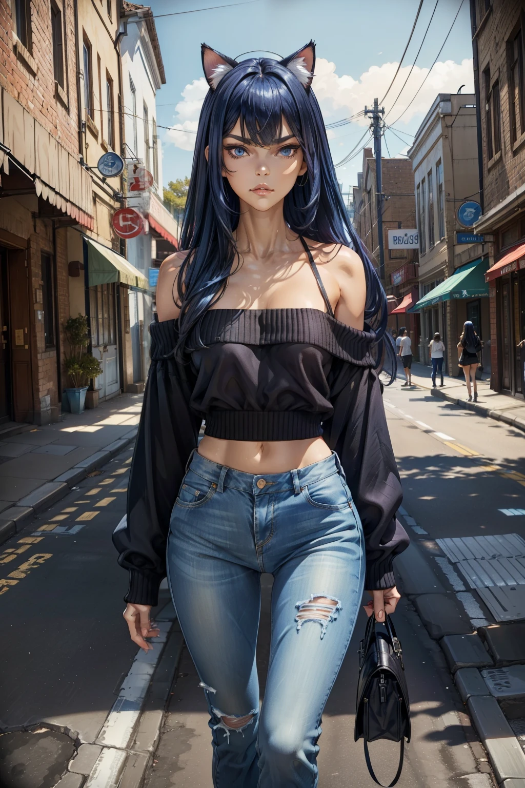 solo, shy, Standing at attention, clear light skin, very long straight blue hair with a dark purple tint, very Young girl, Beautiful Finger, Beautiful long legs, Beautiful body, perfect blue eyes, expressive eyes, looking at viewer, 8k wallpaper, perfect lighting, masterpiece, (Beautiful small Breasts:1.2), (slender girl), bangs between the eyes, (on the street in small town:1.3), summer day, earphone on the head in the form of cat ears, denim low-waist microshort, loose cropped sweater with open shoulders, long disheveled hair, look at you, sexy jeans, make up 