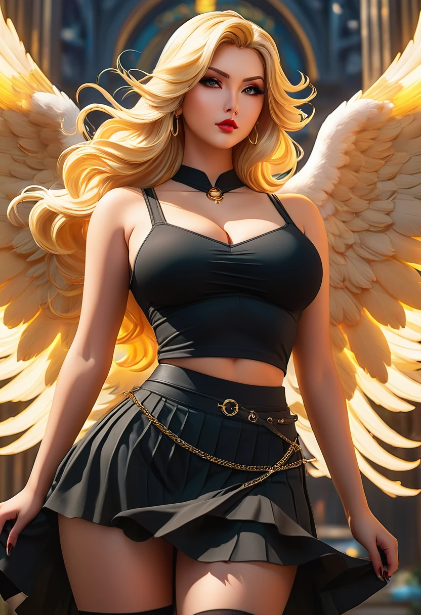 In a mesmerizingly portrayal, thick women busty, a glam-goth goddess angel her Age 28, clean skin,blonde, midriff,wearing skirt on low waist,  trending on cgsociety, epic, trending on artstation, highly detailed, vibrant, production cinematic character render, ultra-high-quality model, golden ratio manhwa, manhua, background mysterious, does not produce same pose when remixed.