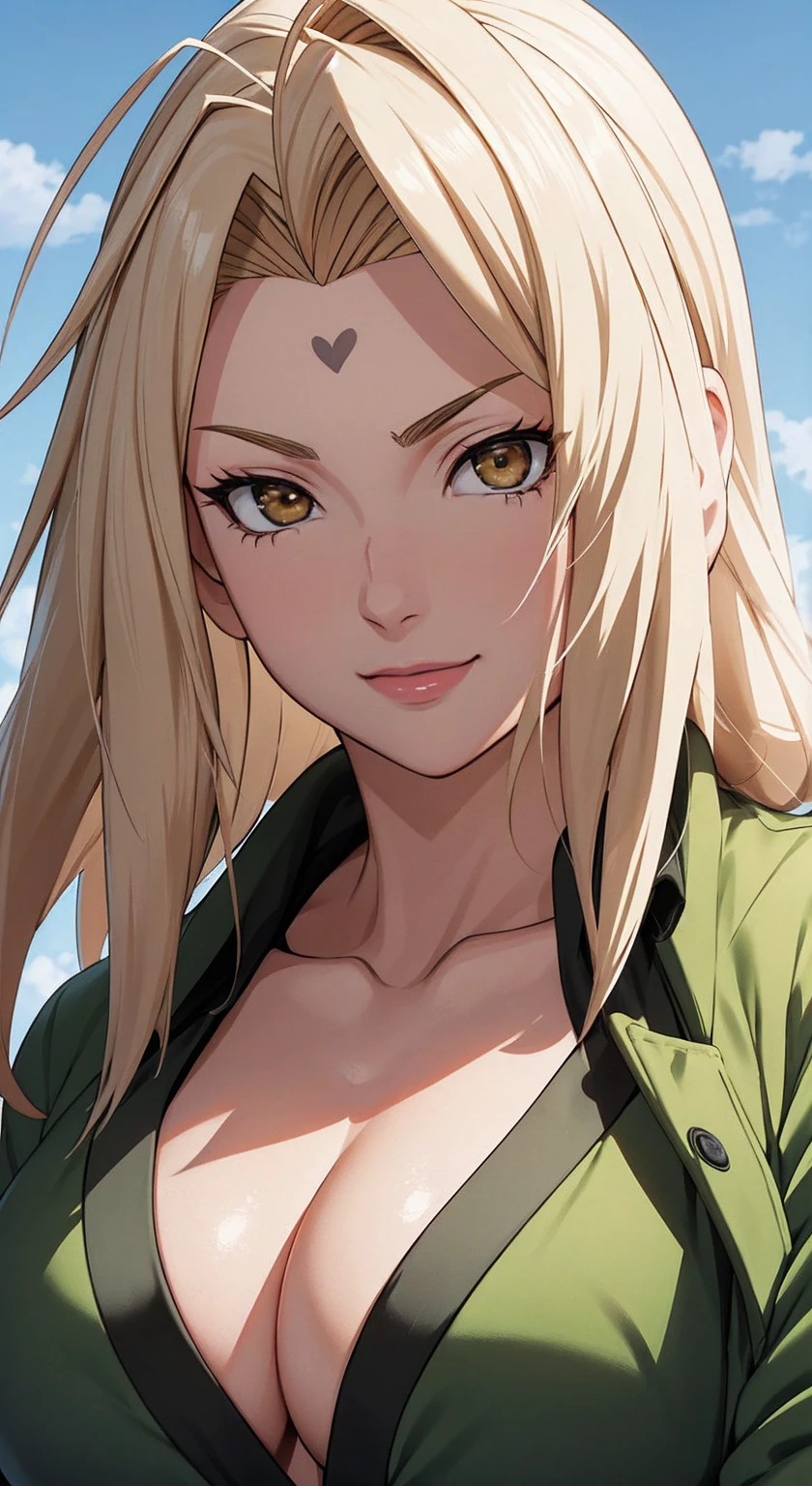 tmasterpiece，blond hairbl，Green coat，Golden eyes，ssmile，slightly fat big breasts，Be red in the face，Headwinds and sagging，best qualtiy，The is very detailed，Bust photo，Get close to the lens，Top-down view，with a good figure，