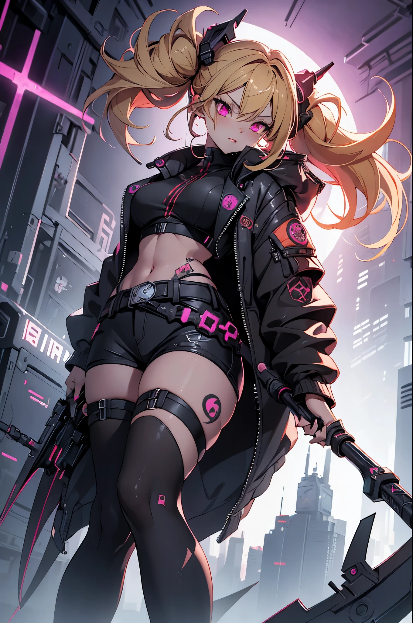 One girl, Rebecca \(cyber punk\), ((full body, holding Grim Reaper's Scythe,Dynamic Angle,Holding a weapon in your hands,Holding a hammer in your hand:1.0)),One Woman,Blonde twisted twin tails, glowing Red eyes,Laugh fearlessly, Leg Tattoos, Neck Tattoo,  Large Breasts, Black bra, String, Red pupils, Leather Fang, Red eyes, Black jacket,cyber punk,cyber cityscape,