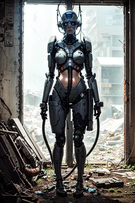 cyborg woman stands motionless in the center of the abandoned bunker, her mechanical body, it seemed, merged with the environmen...