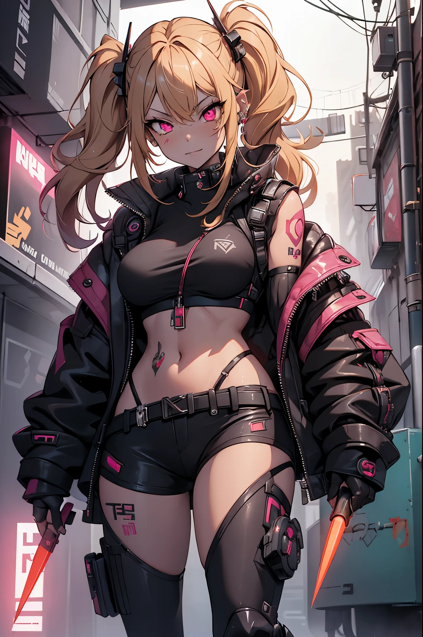 One girl, Rebecca \(cyber punk\), ((full body,Dynamic Angle,Holding a weapon in your hands,Holding a hammer in your hand:1.0)),One Woman,Blonde twisted twin tails, glowing Red eyes,Laugh fearlessly, Leg Tattoos, Neck Tattoo,  Large Breasts, Black bra, String, Red pupils, Leather Fang, Red eyes, Black jacket,cyber punk,cyber cityscape,