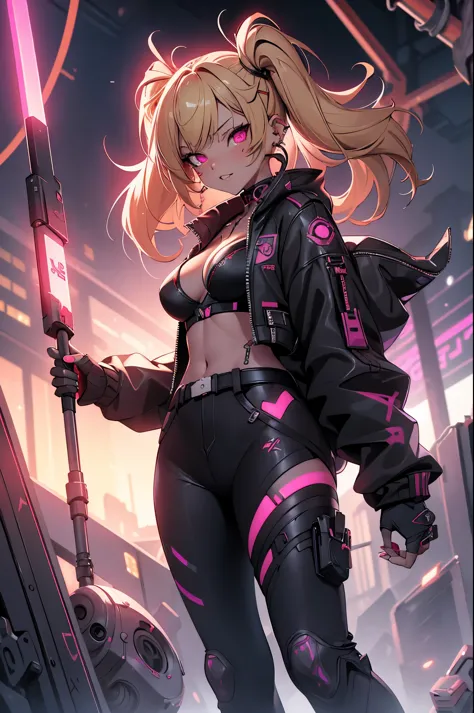 One girl, Rebecca \(cyber punk\), ((full body,Dynamic Angle,Holding a weapon in your hands,Holding a hammer in your hand:1.0)),O...