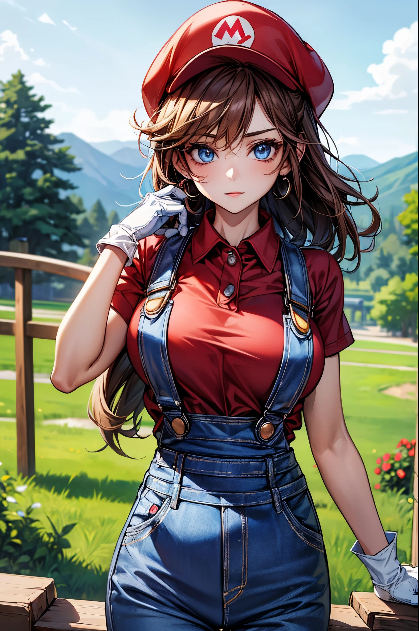 (masterpiece, best quality:1.2), expressive eyes, perfect face, highres, 1girl, solo, (female:1.5), supermario, blue overalls, red shirt, red cap, (white gloves:1.1), blue eyes, landscape, standing, upper body portrait, looking at the viewer