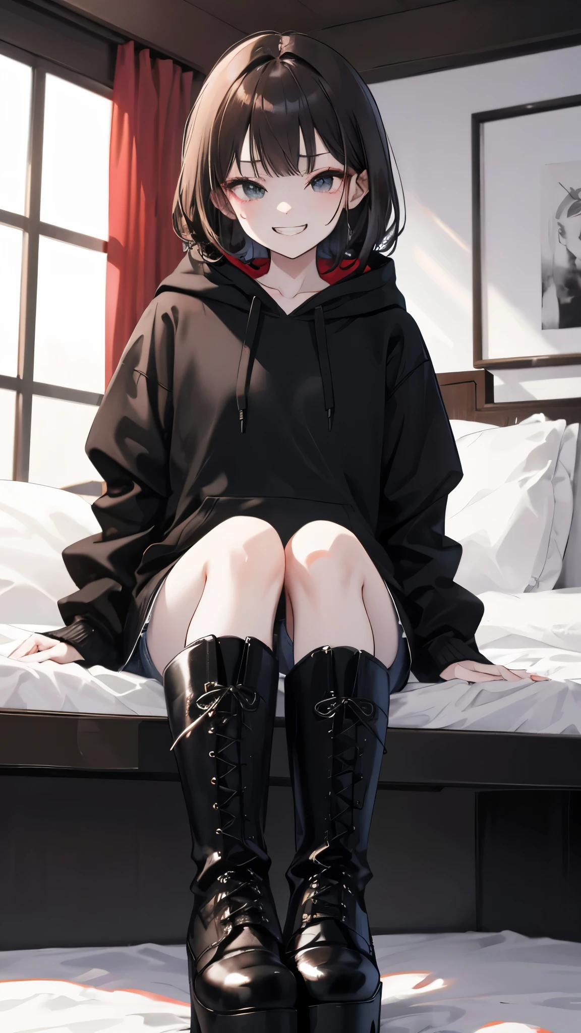 Anime girl sitting on a bed with black boots and a black hoodie - SeaArt AI