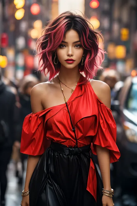 bellissima, 1girl, a vibrant and fearless young woman who turns heads with her striking appearance. She exudes confidence and carries herself with an air of mystery, most eye-catching feature is her magnificent, shoulder-length hair dyed in a vibrant shade...