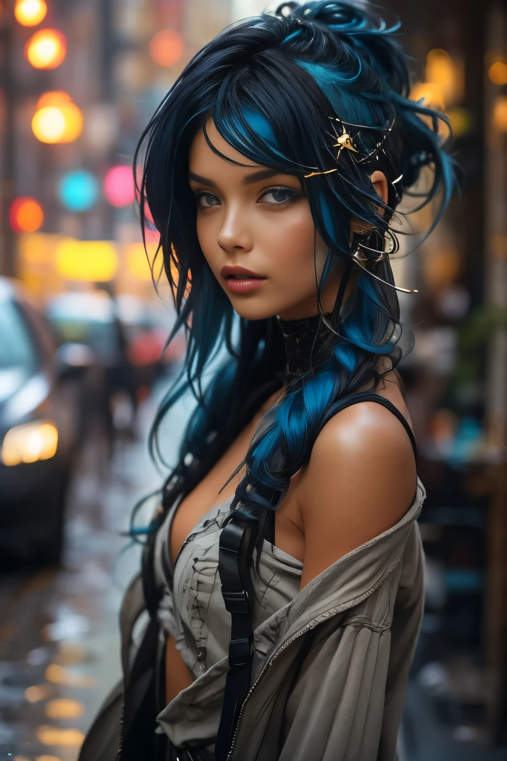 bellissima, 1girl, she is a striking young woman with electric blue hair that flows down to her shoulders in loose waves. Her hair is vibrant, reflecting her adventurous and creative spirit. It's a signature part of her look, often adorned with small silver hairpins and clips shaped like stars and moons.