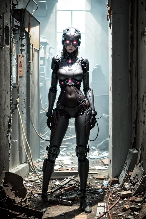 Cyborg woman stands motionless in the center of the abandoned bunker, her mechanical body, it seemed, merged with the environmen...