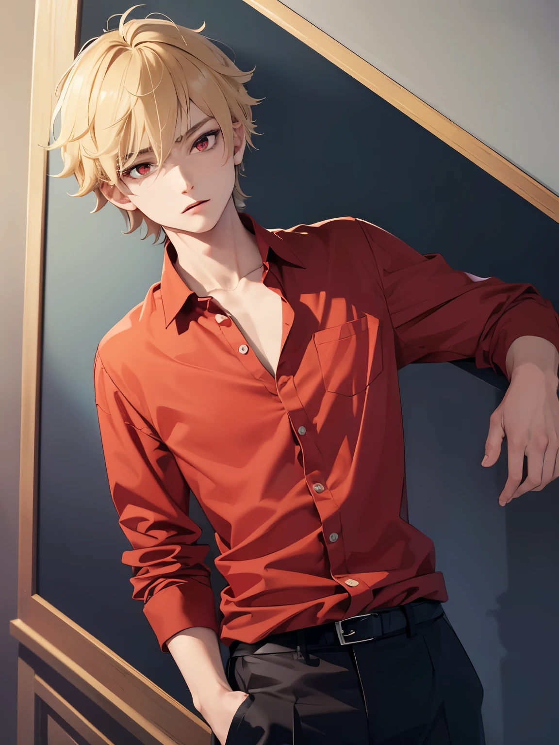 1boy,handsome,15 years old,standing,half body photo,Perfect face, HD face, ultra detailed face, short hair, blonde hair, messy hair, bright red eyes, vampire, Dark blue shirt,Shirt buttons half open, black trouserd,ultra detailed, ultra HD