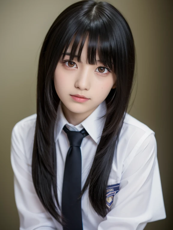 (highest quality, Tabletop:1.2), 1 girl, alone, Black Hair,Beautiful eyes in every detail,(school uniform),Upper body,bangs,ear, Yellow Eyes, Revival ribbon tie, Long Hair