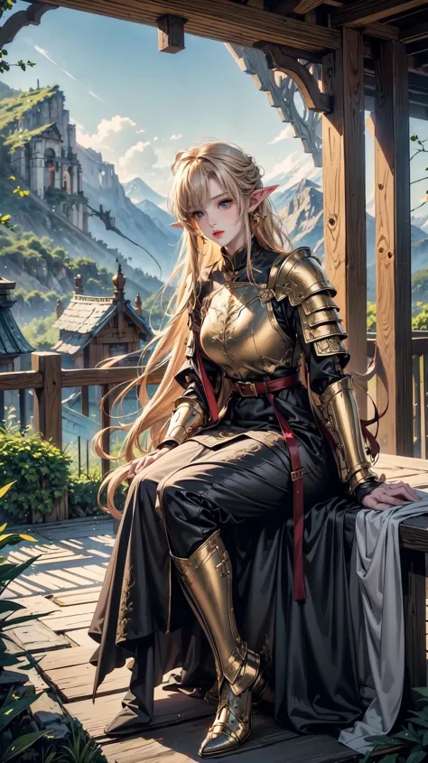 Full body, golden hair, full shot, elf girl, mature woman, pointy ears , medieval armor, armored,outside in forest background ,m...