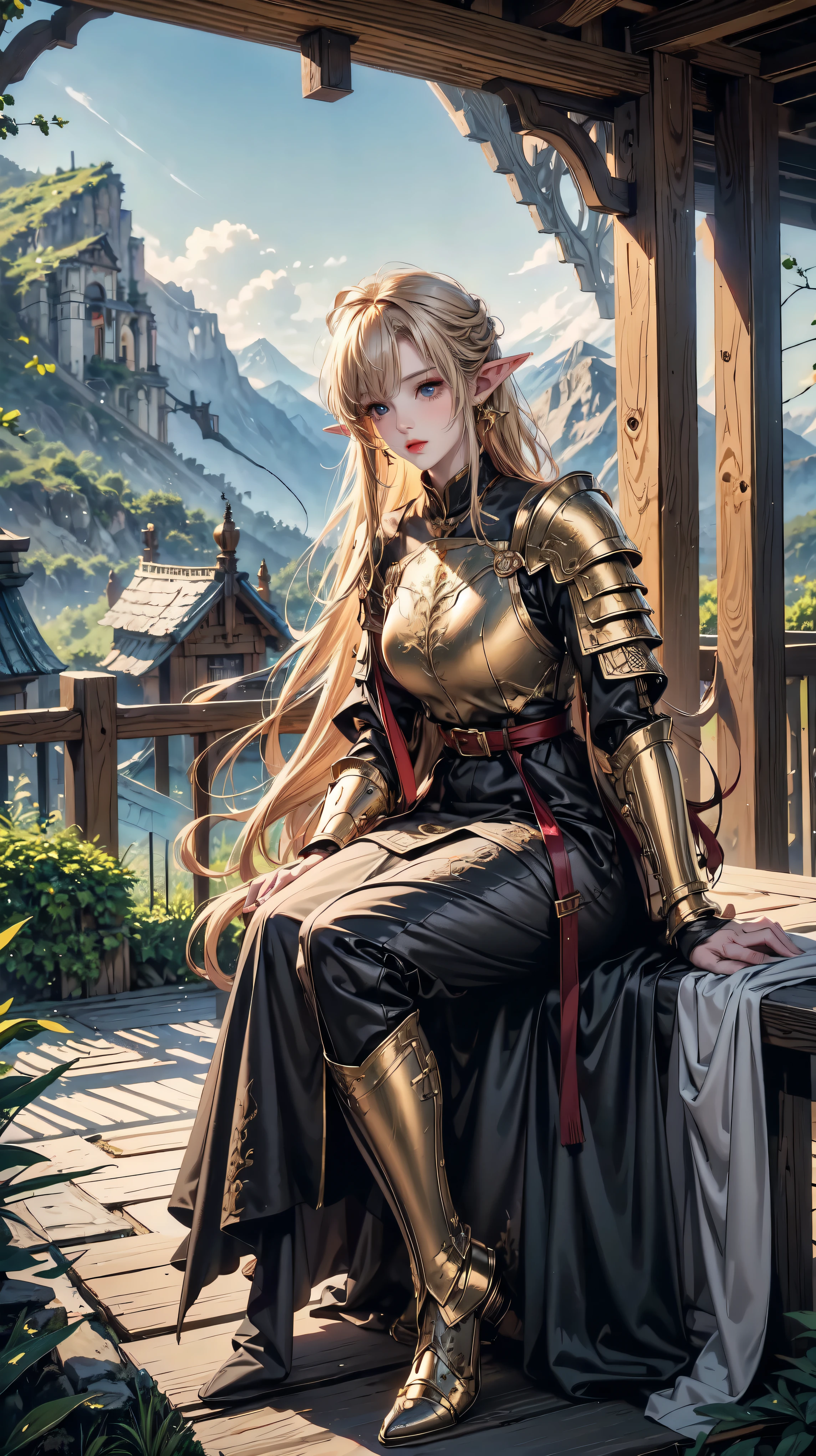 Full body, golden hair, full shot, elf girl, mature woman, pointy ears , medieval armor, armored,outside in forest background ,mountains in distance, HD eyes, detailed eyes, colorful eyes, people in background, people,black boots ,golden eyes,mountain, forest, sky ,clouds
