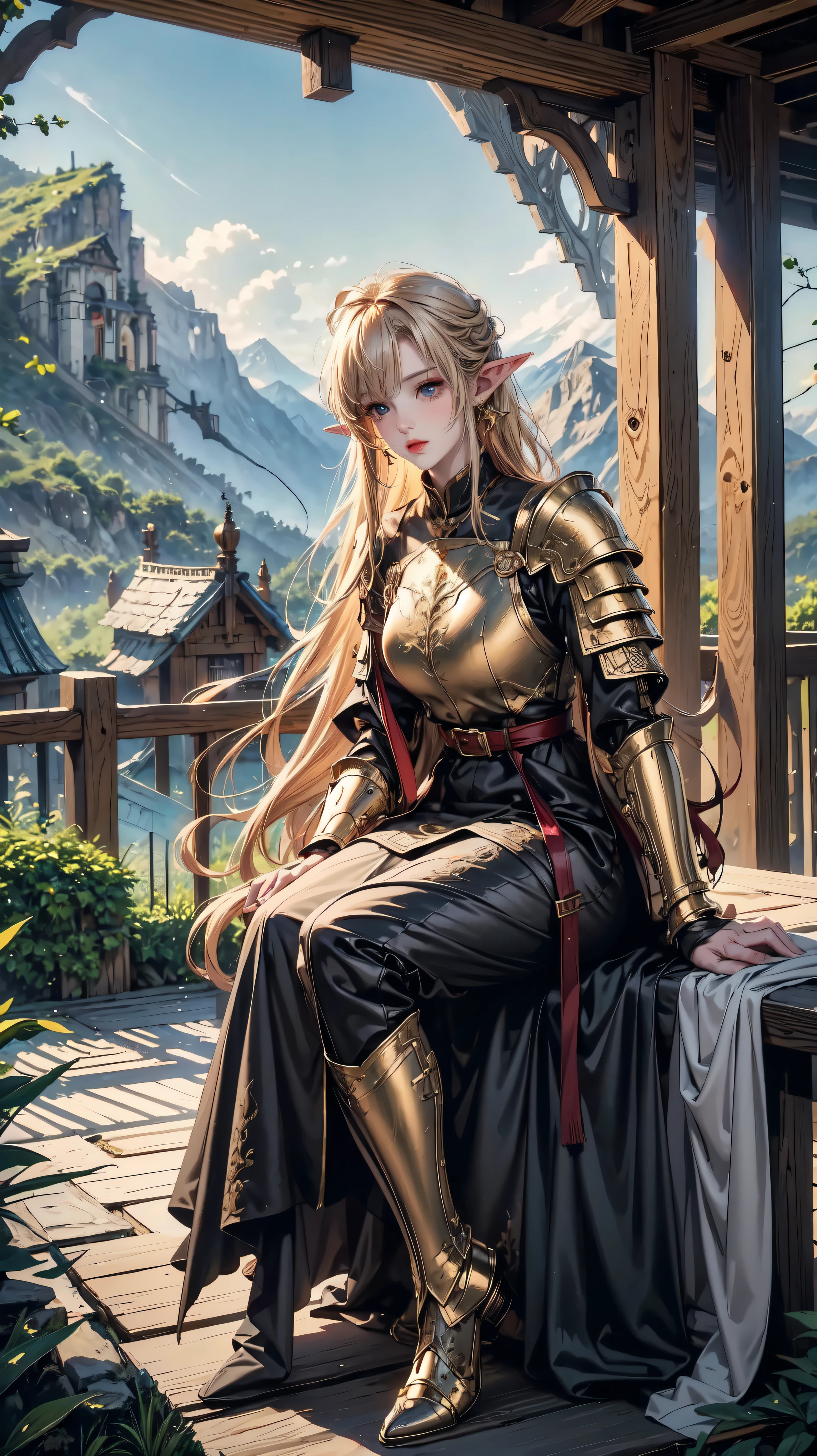 tout le corps, Cheveux dorés, de plein fouet, Fille elfe, femme mature, oreilles pointues , armure médiévale, blindé,outside in forêt background ,montagnes in distance, yeux HD, yeux détaillés, Yeux colorés, personnes in background, personnes,bottes noires ,Yeux dorés,montagne, forêt, Ciel ,des nuages
