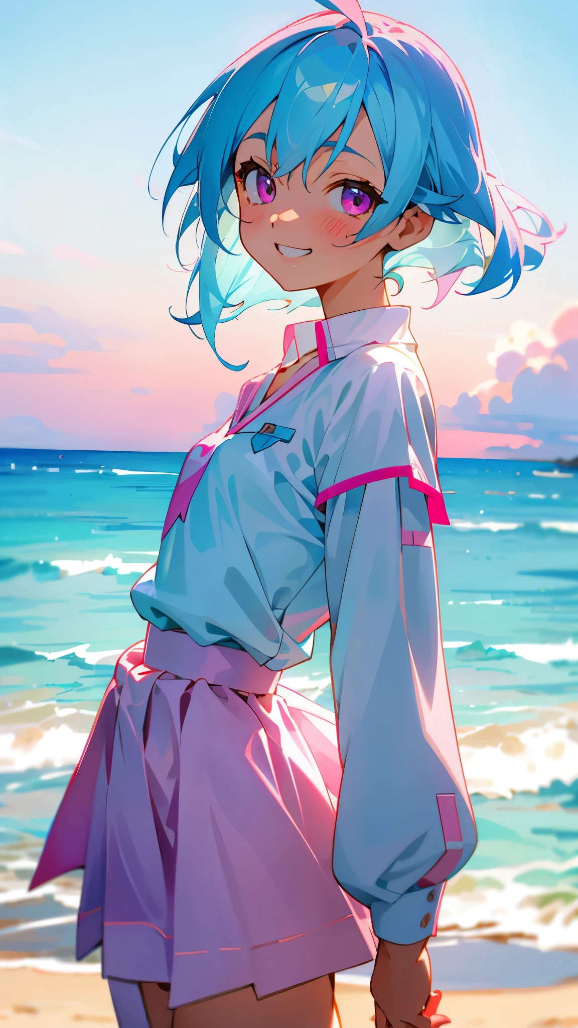 16-year-old girl、Anime-style paintings、Light blue hair、Pink Eyes、Small breasts、white blouse shirt、Checked mini skirt、Upper body close-up、Sandy beach background、Sky at Magic Hour、Grin、From the side、Sharp contours