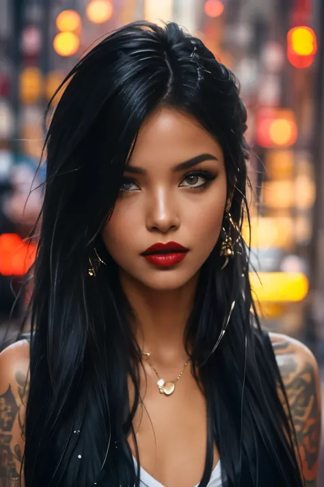 bellissima, 1girl, has a small nose ring and multiple ear piercings, which add to her edgy look. She wears minimal makeup, focusing on bold eyeliner and occasionally a splash of dark red lipstick.