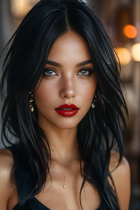 bellissima, 1girl, has a small nose ring and multiple ear piercings, which add to her edgy look. She wears minimal makeup, focusing on bold eyeliner and occasionally a splash of dark red lipstick.