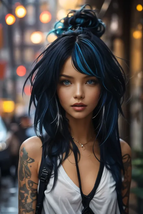 bellissima, 1girl, she is a striking young woman with electric blue hair that flows down to her shoulders in loose waves. Her hair is vibrant, reflecting her adventurous and creative spirit. It's a signature part of her look, often adorned with small silve...