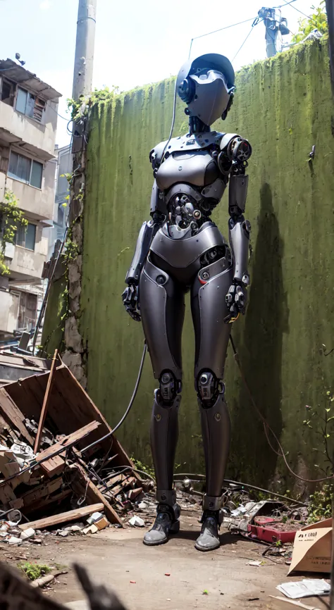 Cyborg woman stands motionless in the center of the abandoned bunker, her mechanical body, it seemed, merged with the environmen...