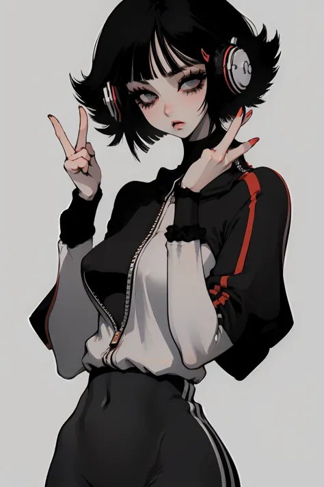 1girl, solo, headphones, black_hair, looking_at_viewer, headphones_around_neck, simple_background, parted_lips, upper_body, jack...