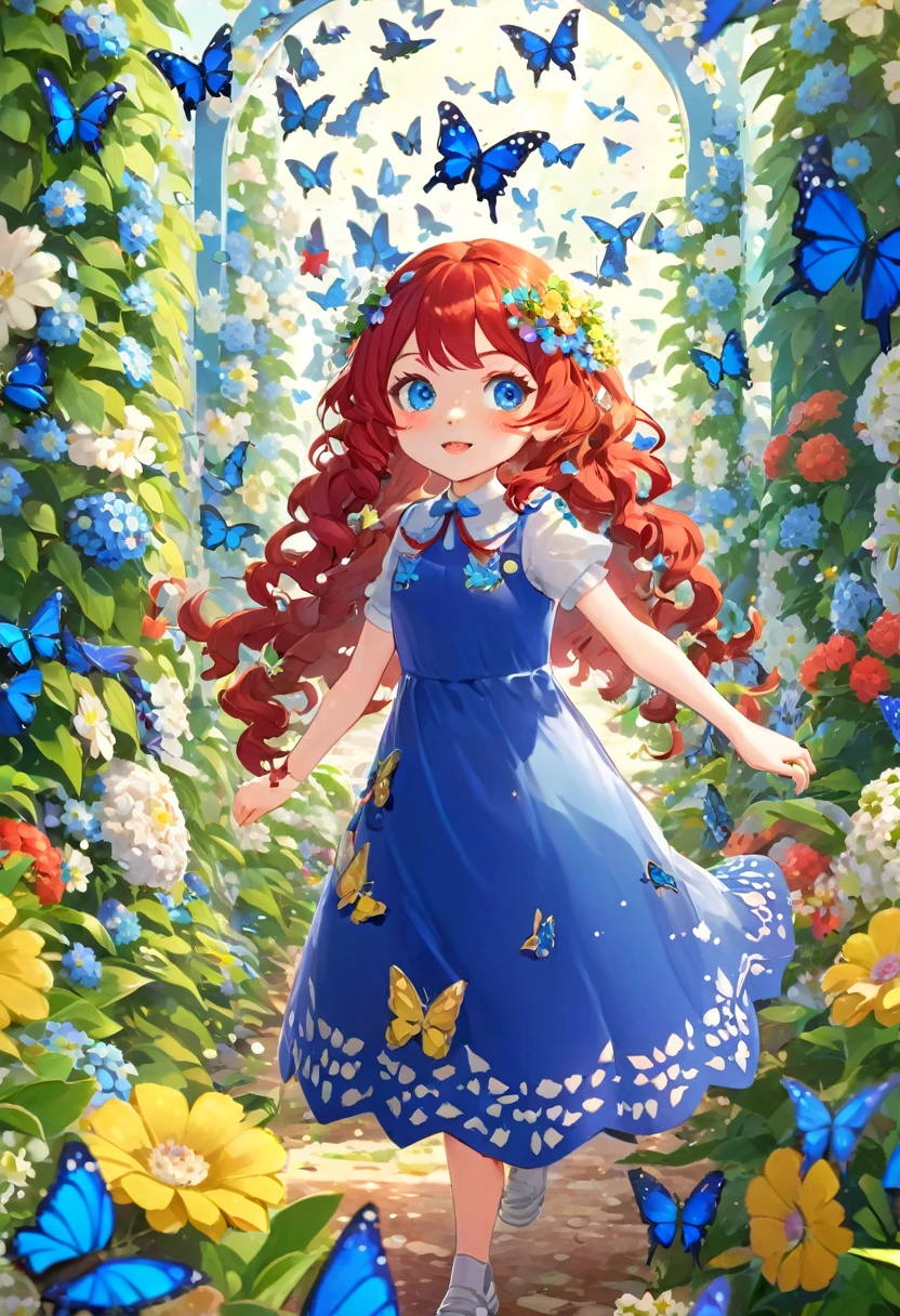 dynamic view, full body, shoujo anime style, light fade, HD12K quality, cute girl, long curly red hair, rebellious hairstyle, sapphire blue eyes, snub nose, freckles on face, prominent front teeth, slim body, laurel wreath, dress printed with bouquets of flowers, hundreds of blue butterflies fluttering in a flower garden,