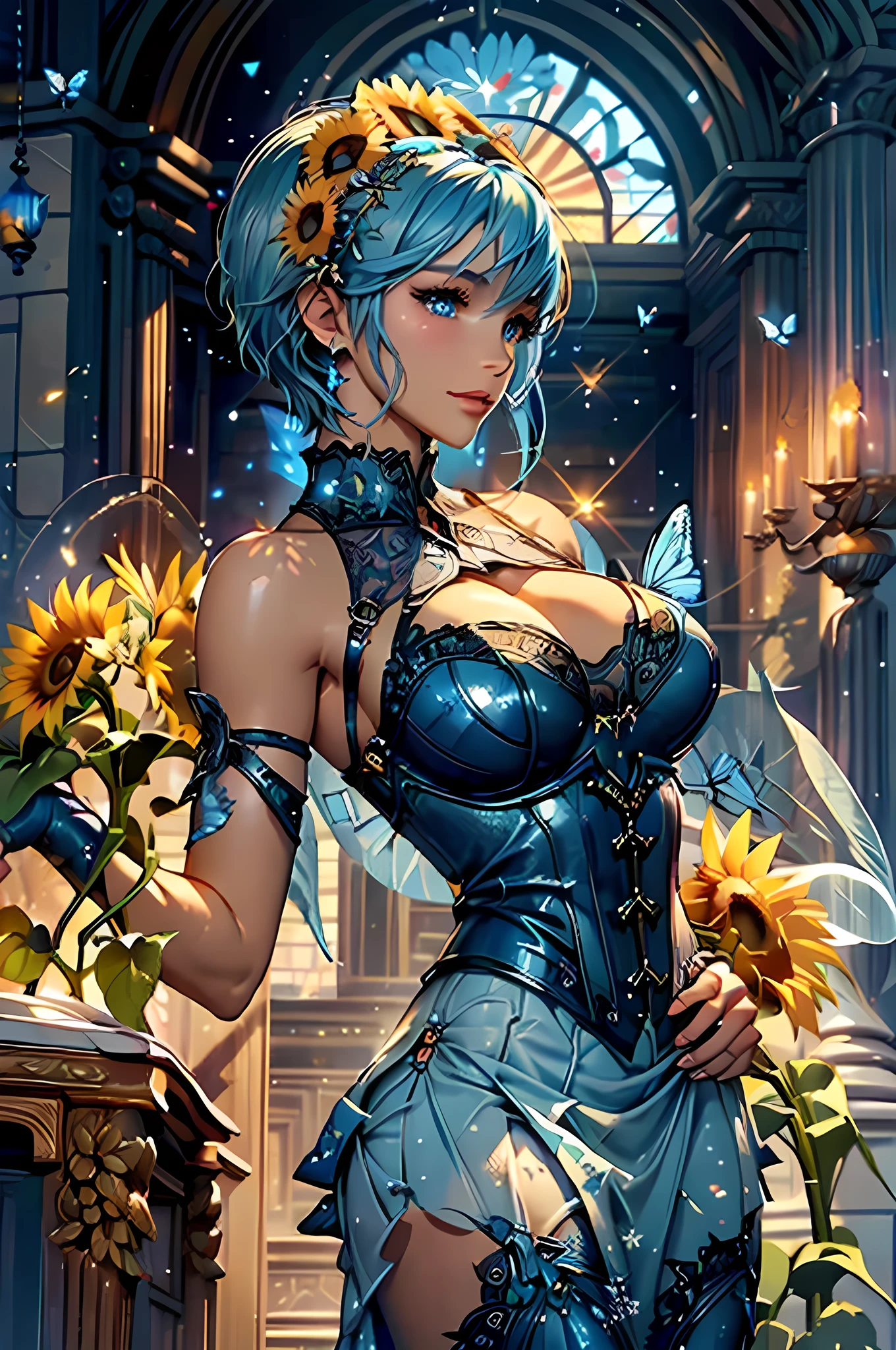 high details, best quality, 16k, RAW, [best detailed], masterpiece, best quality, (extremely detailed), GlowingRunes_paleblue, full body, ultra wide shot, photorealistic, fantasy art, RPG art, D&D art, a picture of a fairy selling flowers in a florist shop, extremely beautiful fairy, ultra feminine (intense details, Masterpiece, best quality), (Blue: 1.3) butterfly wings (intense details, Masterpiece, best quality), blue and white wings (intense details, Masterpiece, best quality),  azure hair, pixie cut hair, shinning hair, flowing hair, shy smile, innocent smile, blue eyes, wearing bright blue skirt, dynamic elegant shirt, chocker, wearing high heels, in flower shop (intense details, Masterpiece, best quality), extreme many (sunflowers: 1.3) (intense details, Masterpiece, best quality), sunflower shop in a modern era street, High Detail, Ultra High Quality, High Resolution, 16K Resolution, Ultra HD Pictures, Ultra Realistic, Clear Details, Realistic Detail, Ultra High Definition, Big Fairy Wings, wearing edgLL leather lingerie