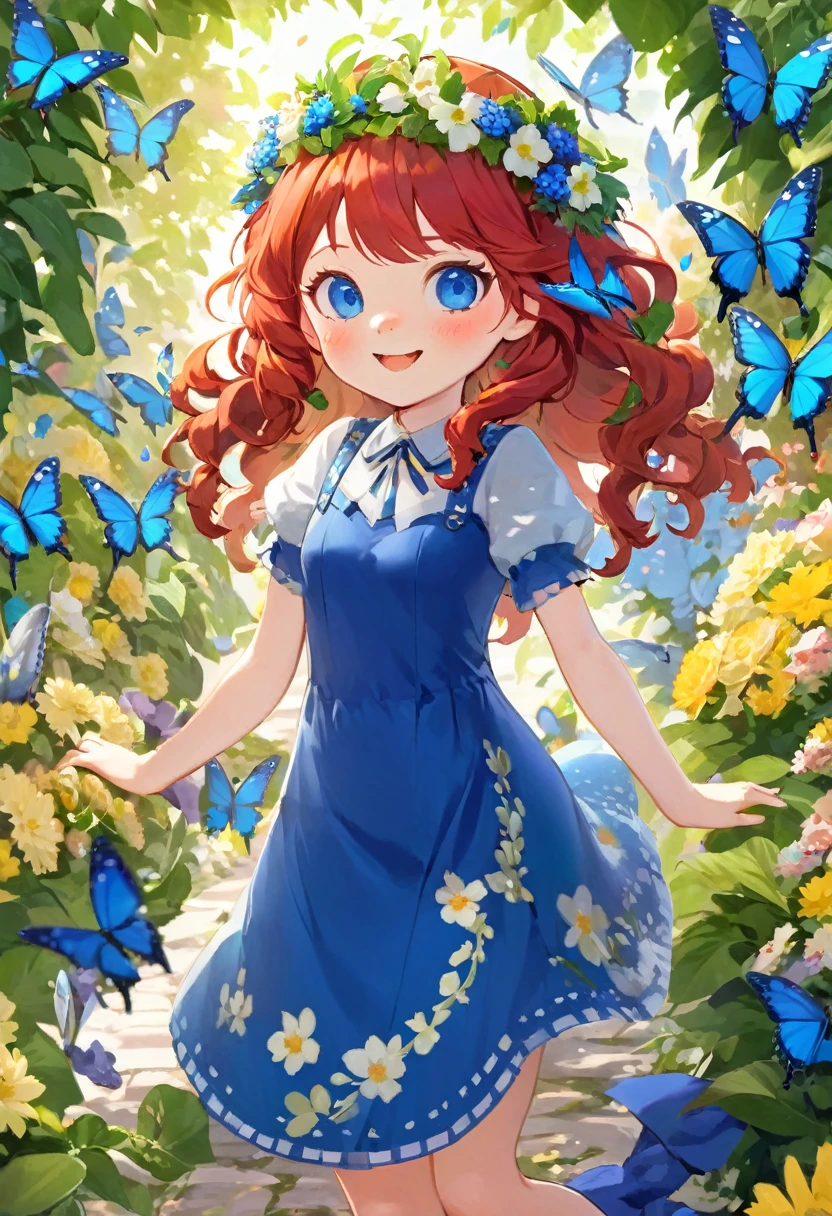 dynamic view, full body, shoujo anime style, light fade, HD12K quality, cute girl, long curly red hair, rebellious hairstyle, sapphire blue eyes, snub nose, freckles on face, prominent front teeth, slim body, laurel wreath, dress printed with bouquets of flowers, hundreds of blue butterflies fluttering in a flower garden,