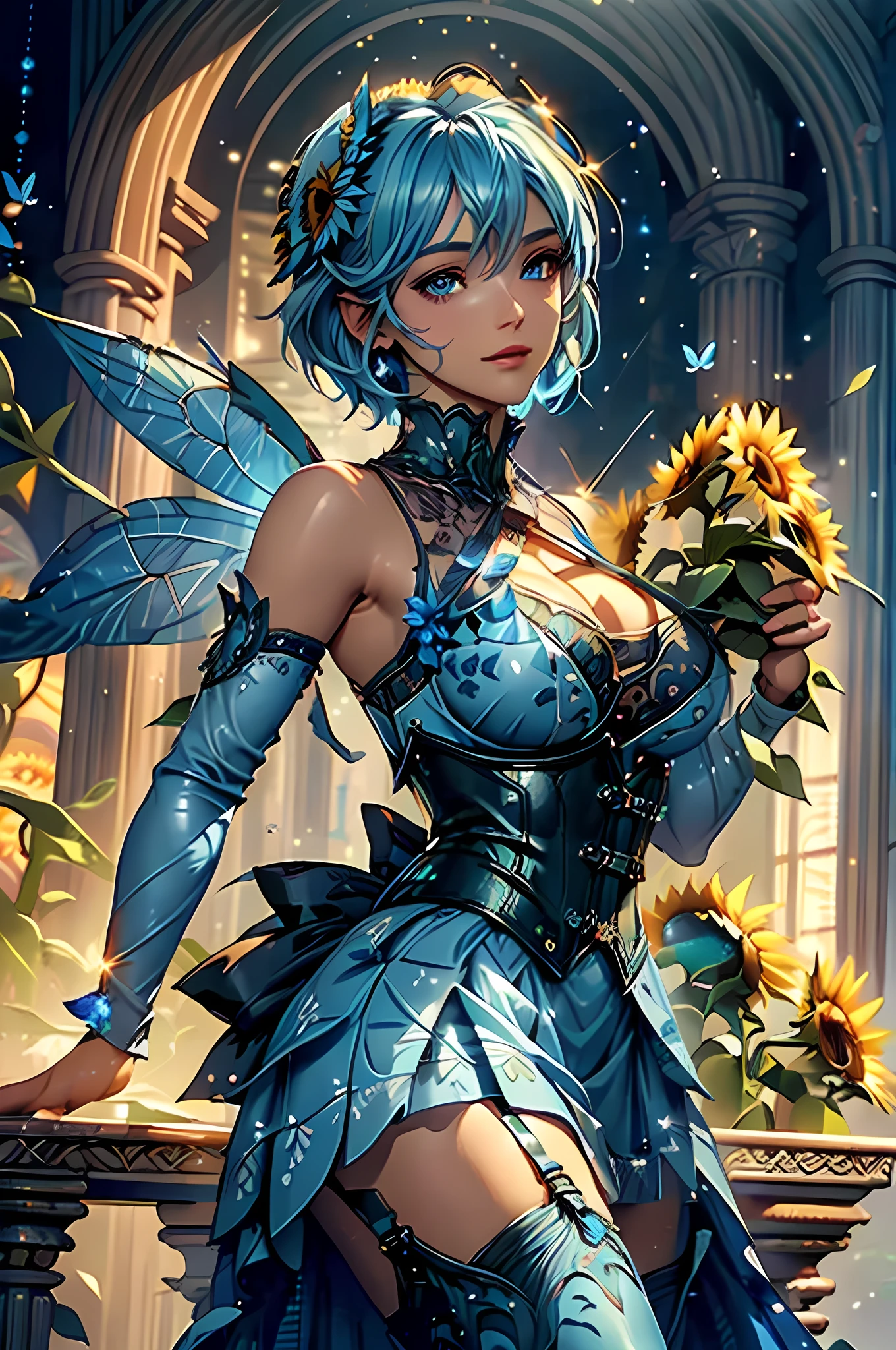 high details, best quality, 16k, RAW, [best detailed], masterpiece, best quality, (extremely detailed), GlowingRunes_paleblue, full body, ultra wide shot, photorealistic, fantasy art, RPG art, D&D art, a picture of a fairy selling flowers in a florist shop, extremely beautiful fairy, ultra feminine (intense details, Masterpiece, best quality), (Blue: 1.3) butterfly wings (intense details, Masterpiece, best quality), blue and white wings (intense details, Masterpiece, best quality),  azure hair, pixie cut hair, shinning hair, flowing hair, shy smile, innocent smile, blue eyes, wearing bright blue skirt, dynamic elegant shirt, chocker, wearing high heels, in flower shop (intense details, Masterpiece, best quality), extreme many (sunflowers: 1.3) (intense details, Masterpiece, best quality), sunflower shop in a modern era street, High Detail, Ultra High Quality, High Resolution, 16K Resolution, Ultra HD Pictures, Ultra Realistic, Clear Details, Realistic Detail, Ultra High Definition, Big Fairy Wings, wearing edgLL leather lingerie