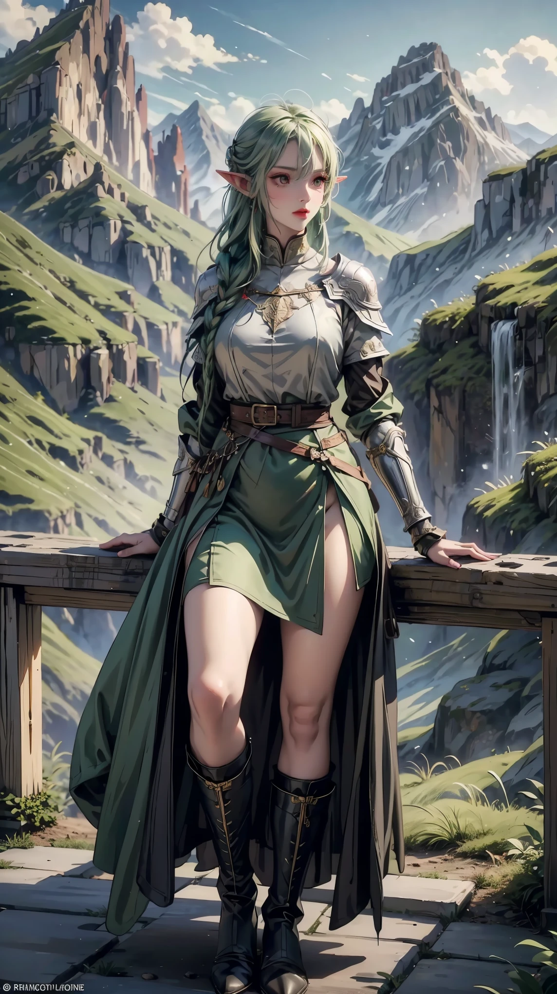 Full body, green hair, full shot, elf girl, mature woman, pointy ears , medieval armor, armored,outside in forest background ,mountains in distance, HD eyes, detailed eyes, colorful eyes, people in background, people,black boots ,red eyes,mountain, forest, sky ,clouds
