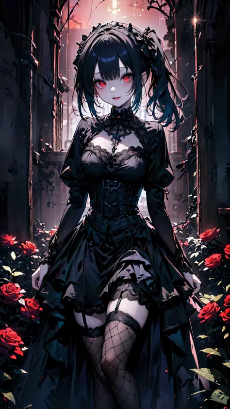 ((highest quality)), ((masterpiece)), (detailed), 8k,Perfect Face,woman１people、(Gothic Lolita:1.6)、Black Dress、Frill dress、15 years old、Black Hair、Twin tails、Red eyes、Glowing Eyes、darknesonochrome