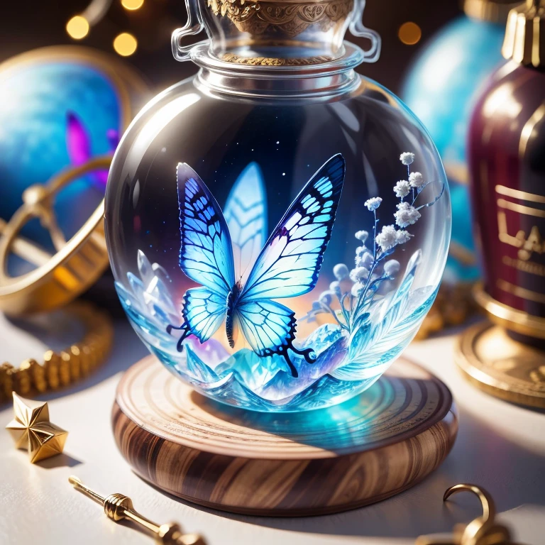 (La best quality,high resolution,Ultra Detailed,Practical)，Blue butterfly formed from jelly，in the room，Christmas decoration，surrounded by christmas gifts，A masterpiece full of fantasy elements）））， （（best quality））， （（Intricate details））（8k）