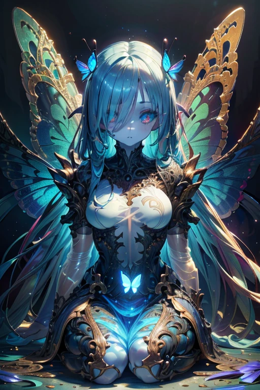 girl with blue butterfly wings, (Translucent skin:1.2), No humans, blue hair, partial fused exoskeleton, Beautiful eyes with fine symmetry, (Intricate details:1.4), (Highly detailed face and eyes:1.2), slim figure, many blue spectral butterflies, posing sitting for a photo, anime, fantasy, detailed background, 2D, CG, (Highly detailed), (high resolution), (Best quality), (masterpiece)
