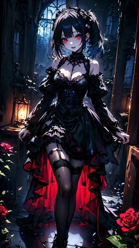((highest quality)), ((masterpiece)), (detailed), 8k,Perfect Face,woman１people、(Gothic Lolita:1.6)、Black Dress、Frill dress、Himesode、15 years old、Black Hair、Twin tails、Red eyes、Glowing Eyes、darknesonochrome、Turn around